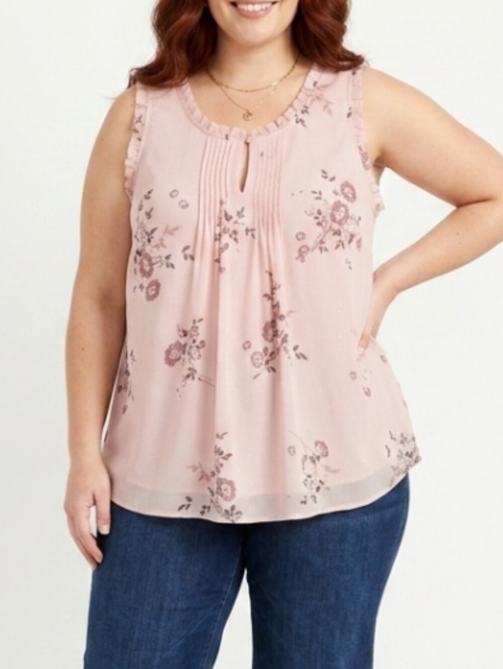 #090 Torrid 3 Pink Floral Sleeveless Top Pintuck Ruffle Trim Blouse
